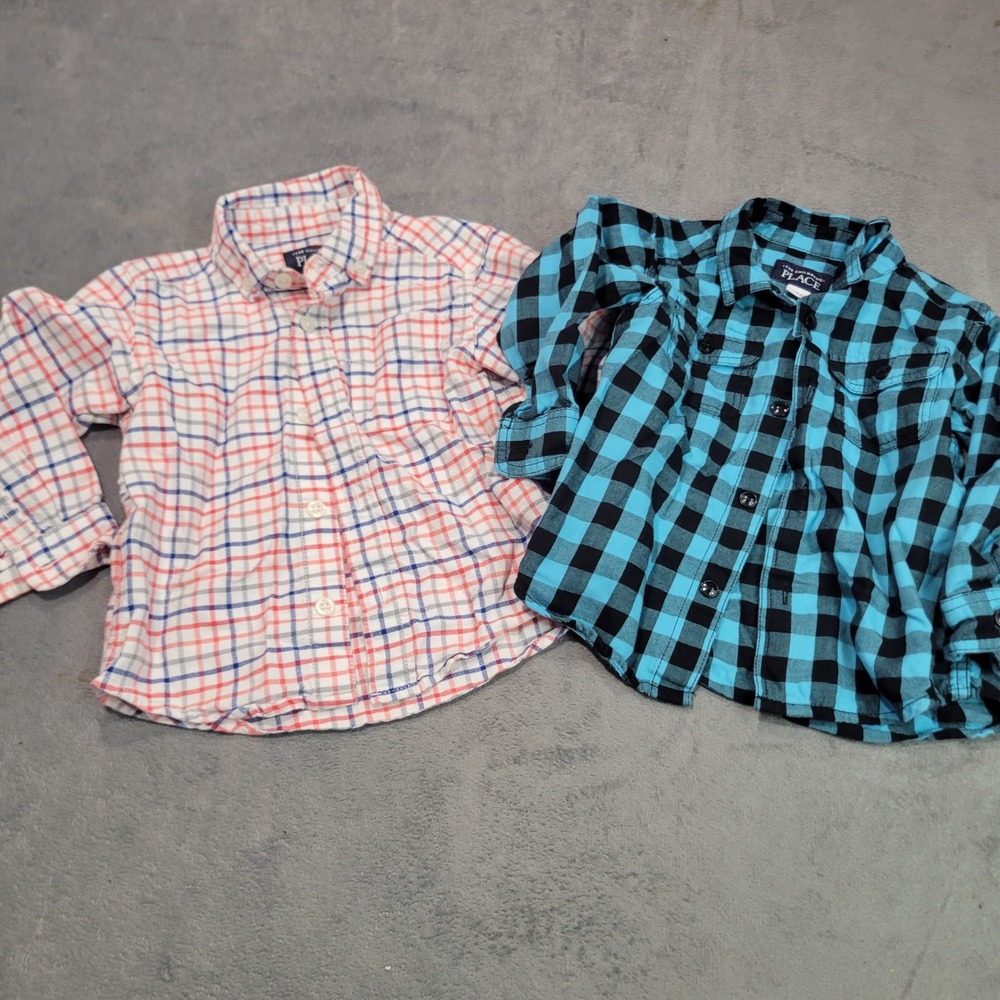 The Childrens Place Button Down Shirts Boys 18-24M Blue Red Plaid Check Lot of 2